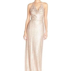 Amsale rose gold halter bridesmaid dress